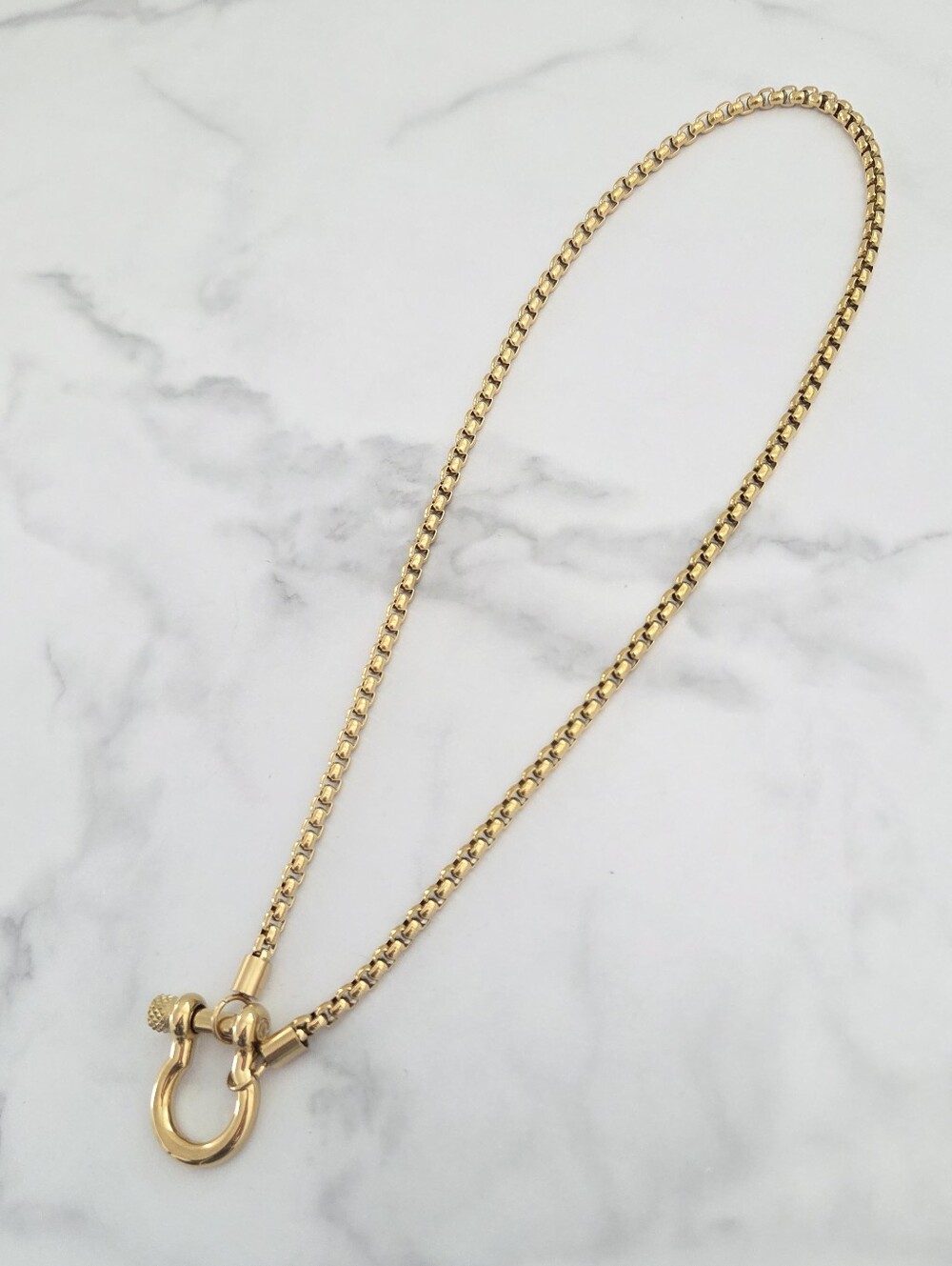 Stainless Steel Gold Plated Horseshoe Shackle Clasp Box Chain Pendant Necklace - Picture 3 of 13